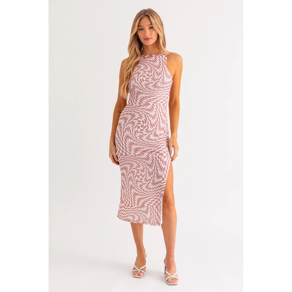 Le Lis Collection Pink Psychedelic Swirl Mesh Midi Dress Sleeveless Small‎